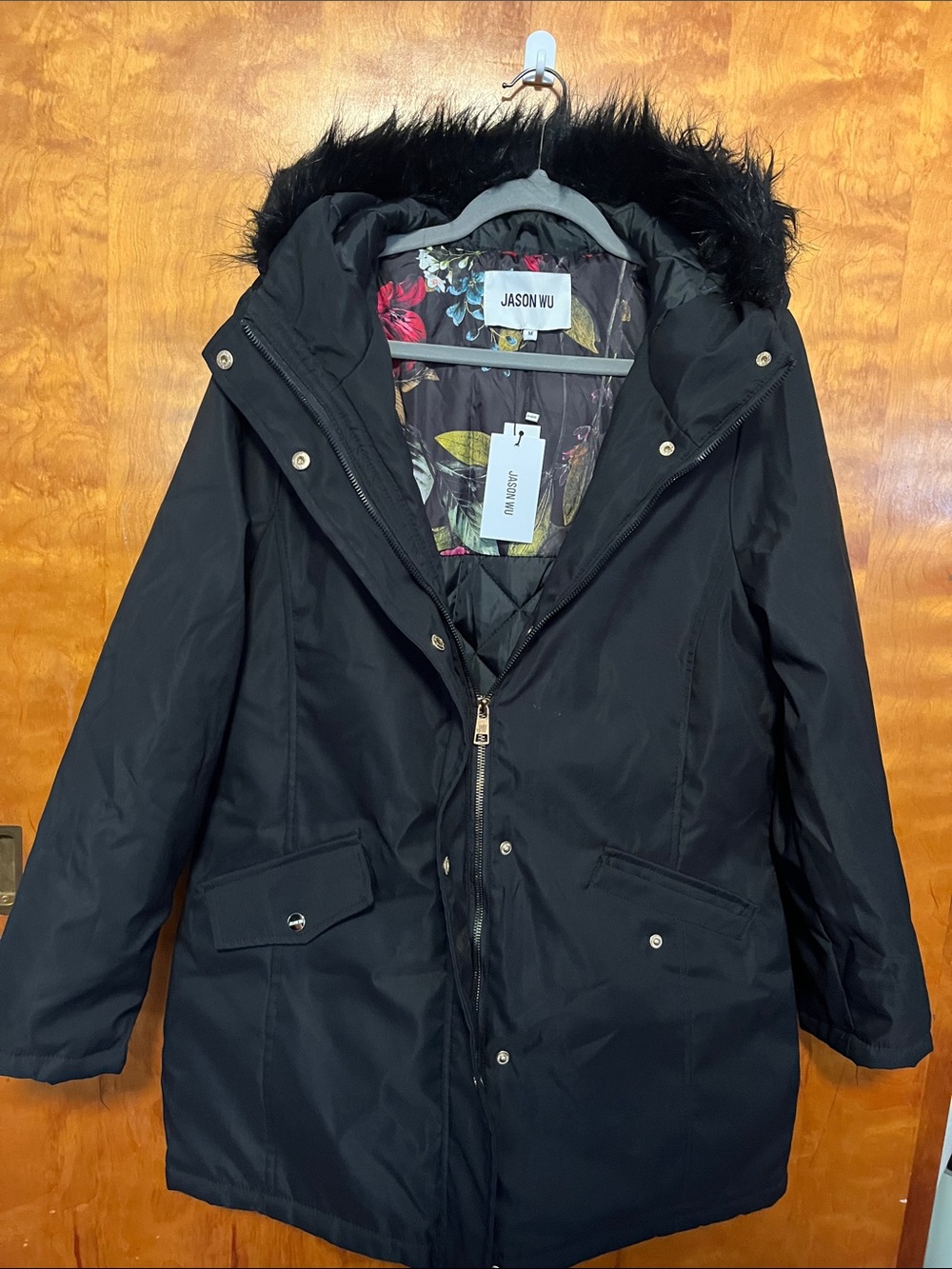 Jason Wu Black Hooded Puffer Coat with Fur Trim